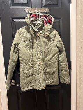 New Look Olive Green Hooded Field Jacket with Red Plaid Lining